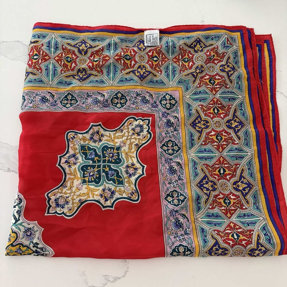 Oscar de la Renta Vintage Silk Scarf Red Blue Gold Floral 30x30